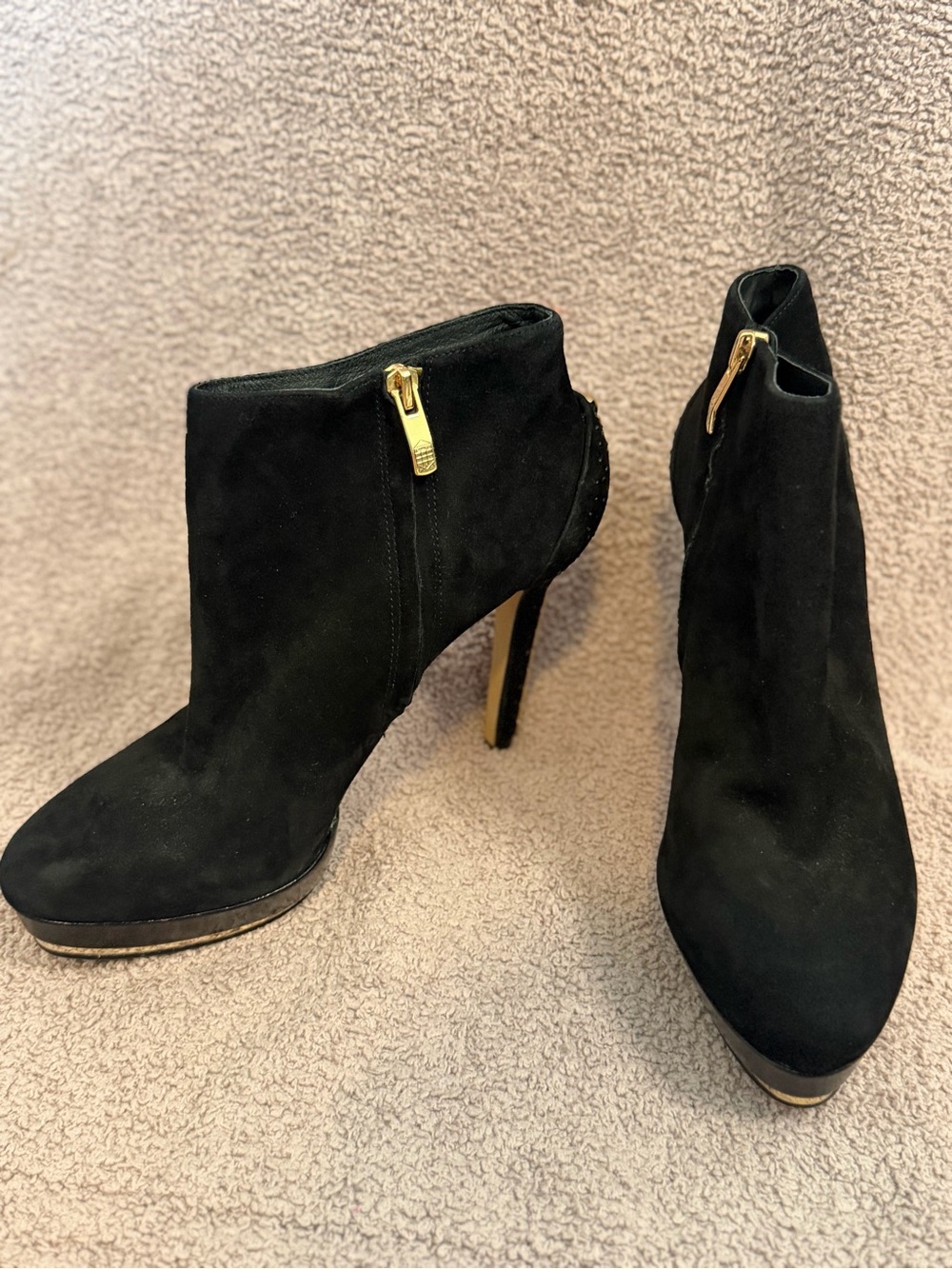 Vince Camuto Black Suede Stiletto Ankle Booties with Gold Zipper